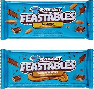 Feastables Mrbeast Milk Chocolate, Creamy Healthy Snack Individually Wrapped Bars for Dessert, Snacks Treats for Kids Small Gifts Presents (2× 60g, Almond & Peanut Butter)