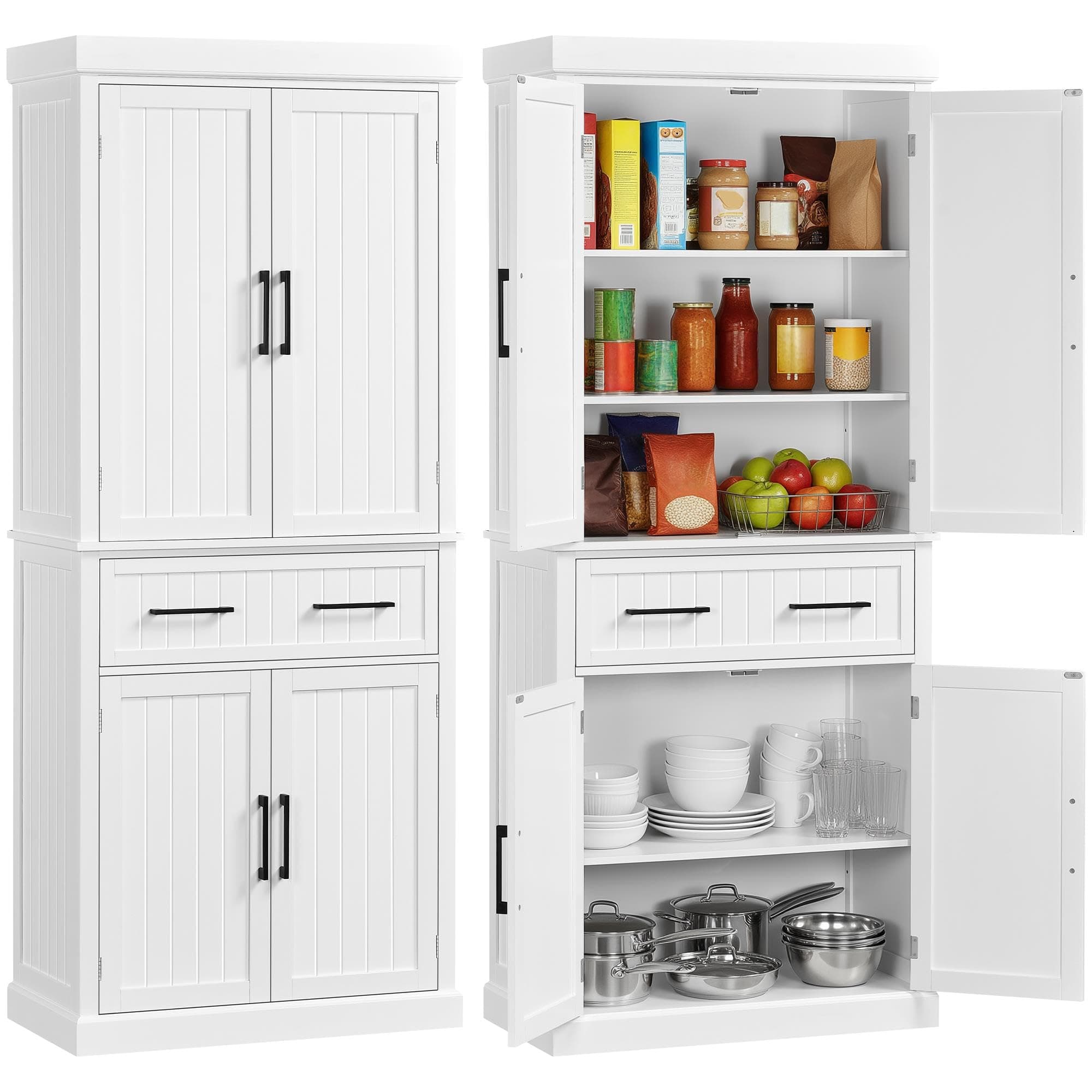 Yaheetech Kitchen Pantry Storage Cabinet with 4 Doors and 2 Adjustable Shelves, 72.5" Freestanding Tall Cupboard Cabinet with Drawer for Dining/Living Room, White