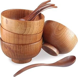 Handmade Wood Bowls, Jujube Wooden Japanese Bowls with Matching Spoon for Rice, Soup, Dip, Salad, Tea, Decoration 4 Sets (4 Bowls + 4 Spoons)