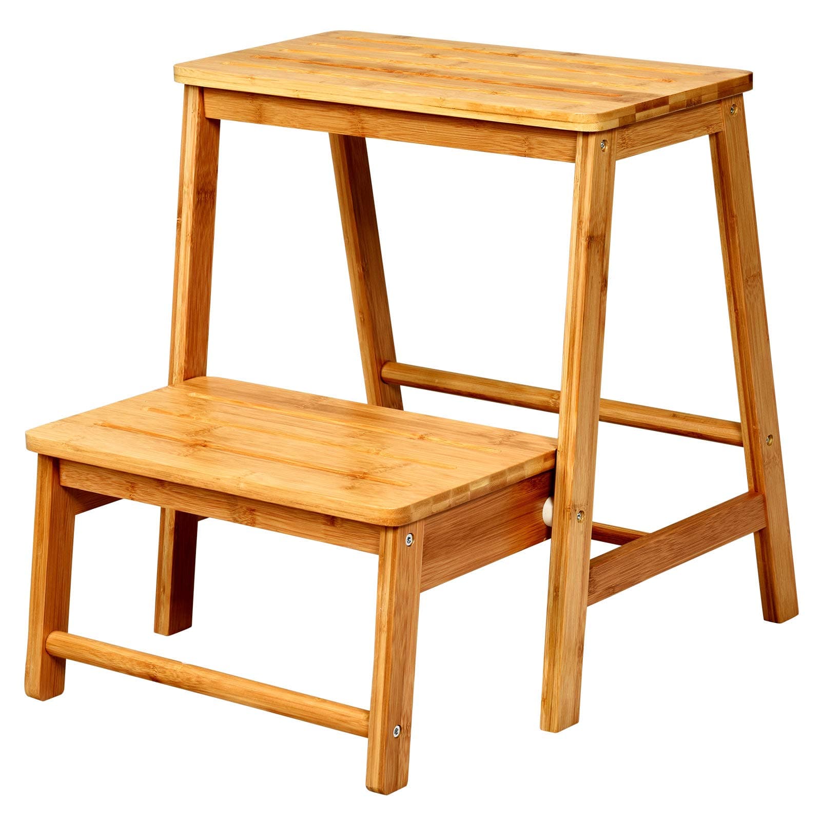 GYMAX 2-Tier Foldable Step Stool, 100KG Weight Capacity Bamboo Footstool Plants Shelf, Portable Wooden Step Ladder for Kitchen, Balcony & Garage (Natural)
