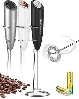 SIMPLETASTE Milk Frother Handheld Electric Foam Maker, Drink Mixer with Stainless Steel Whisk for Cappuccino, Bulletproof Coffee, Latte, with Stand, Black, Battery Operated