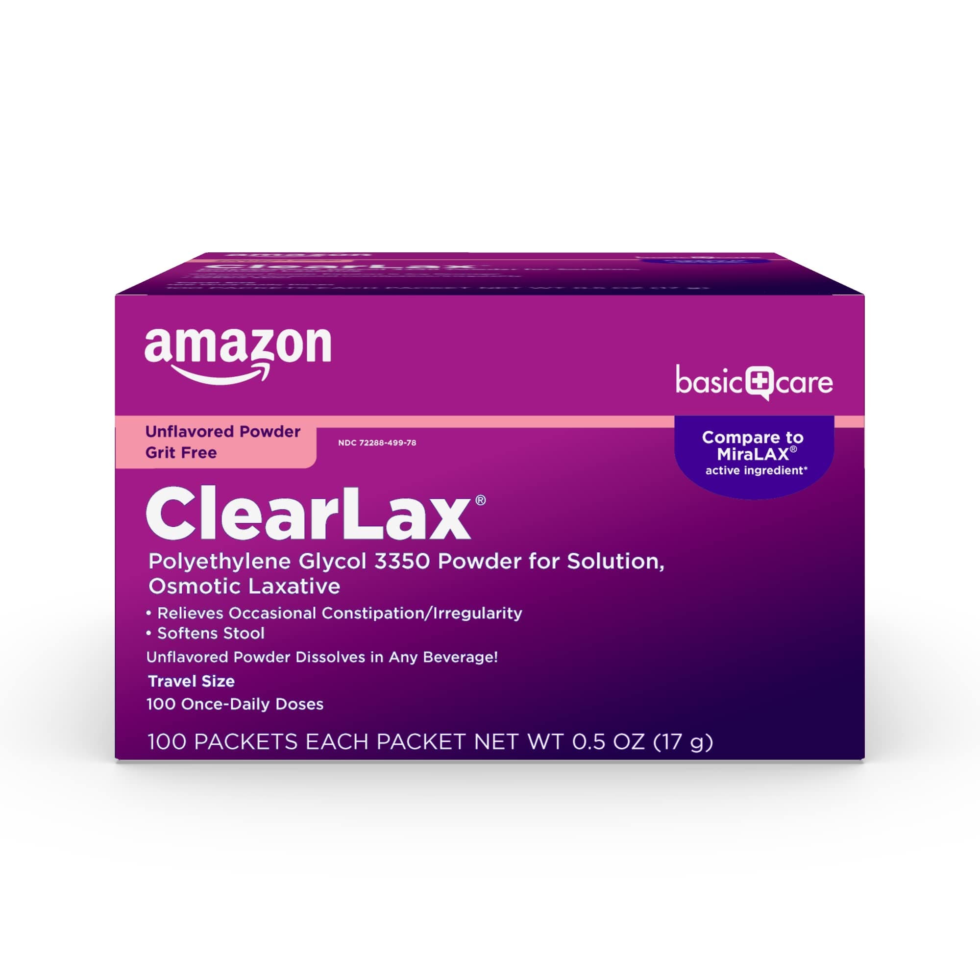 Amazon Basic Care ClearLax Polyethylene Glycol 3350 Powder for Solution, Osmotic Laxative, Softens Stool, Relieves Occasional Constipation, Unflavored, Grit-Free, Sugar-Free, 0.5 oz (Pack of 100)