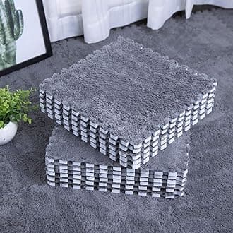 Interlocking Carpet Shaggy Soft EVA Foam Mats Fluffy Area Rugs Protective Floor Tiles Exercise Play Mat for Children Kids Room Home Parlor Bedroom (12 pcs, Gray)
