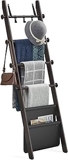 VASAGLE Blanket Ladder for Living Room, 5-Tier Wooden Ladder Shelf, Decorative Farmhouse Blanket Rack with Synthetic Leather Bag, Metal Hooks, Side Hooks, for Bedroom, Ink Black ULLS022B01