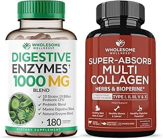 Wholesome Wellness Digestive Enzymes 1000MG Plus Prebiotics & Probiotics Supplement + Super-Absorb Multi Collagen Pills (Type I II III V X) Organic Herbs and Bioperine Bundle