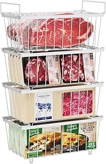 iSPECLE Chest Freezer Organiser - 4 Pack for 198 Litre Deep Freezer, Stackable Wire Chest Freezer Baskets to Sort Frozen Food, Freezer Storage Bins with Handles for Easy Access, White