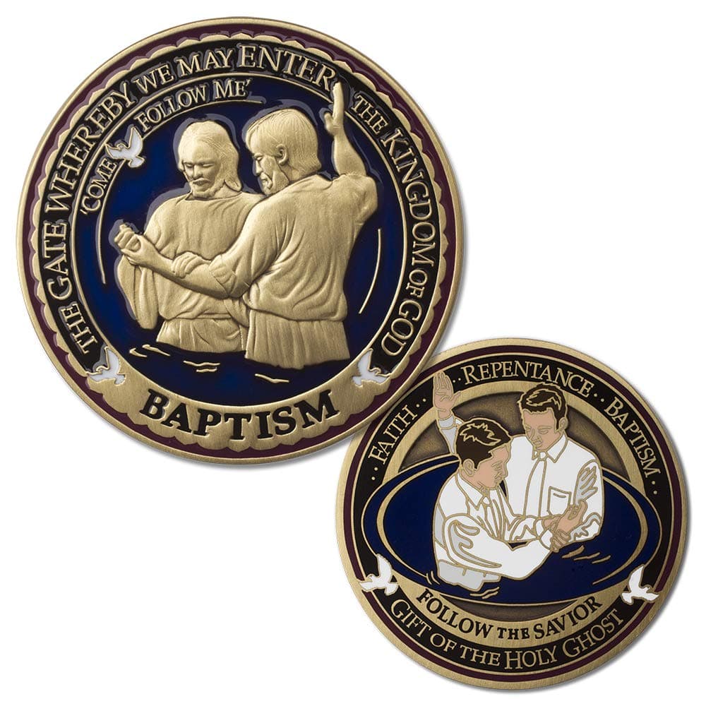 Baptism Commemorative Medallion - Double Sided Solid Bronze Challenge Coin - Hand Painted LDS Design in Clear Vinyl Coin Pouch - 1¾-inch Diameter Baptism Gift