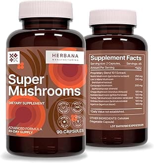 Super Mushrooms 8-in1 Capsules - Brain Booster & Immune Support Drops - Reishi, Lion`s Mane, Cordyceps, Chaga, Mitake, Turkey Tails, Shiitake, Agaricus - High Potency Extract 90 Capsules