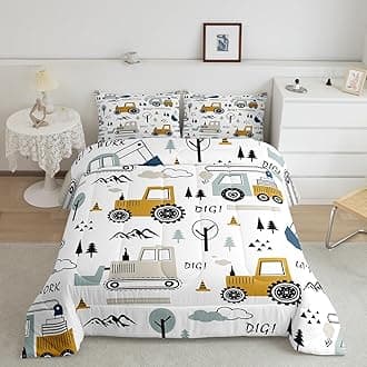 Feelyou Cartoon Car Kids Comforter Set Construction Bedding Set for Boys Toddler Decor Equipment Trucks Comforter Cartoon Car Excavator Tractor White Yellow Duvet Set Bedroom Quilt Set 3Pcs Full