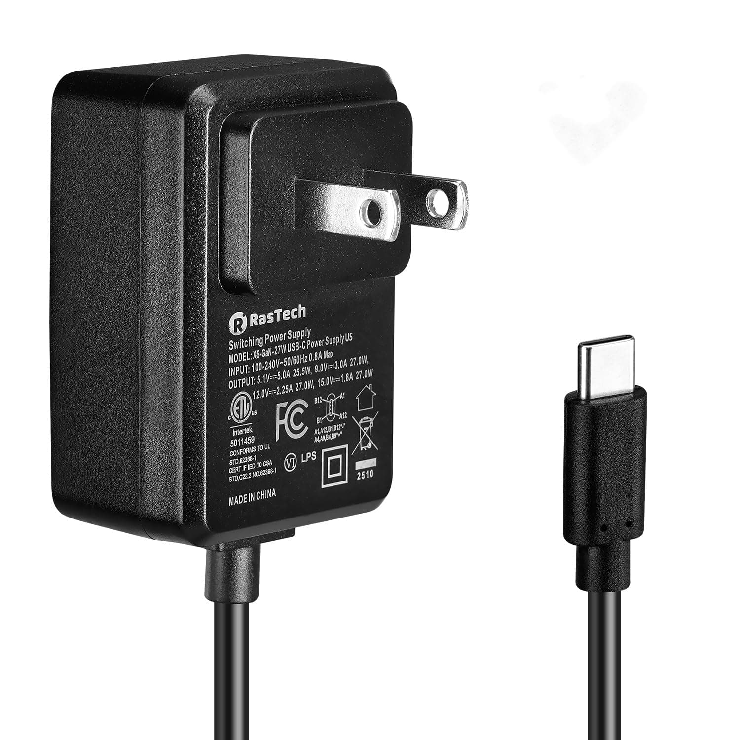 RasTech for Raspberry Pi 5 GaN PD 27W Power Supply 5.1V 5A USB-C Pi 5 Power Adapter for Raspberry Pi 5 16GB/8GB/4GB/2GB