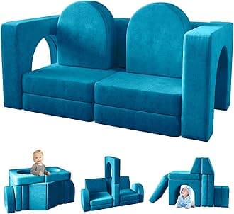 wanan Kids Couch 10PCS, Modular Kids Play Couch for Playroom Bedroom, 10 in 1 Multifunctional Kid Sofa for Playing, Creativing, Sleeping, Indoor Toddler Couches for Boys and Girls (Blue)