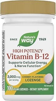 Nature’s Way Vitamin B-12 Lozenges, 2,000 mcg Vitamin B12 per Lozenge, Supports Cellular Energy & Nerve Function*, No Gluten, Vegan, Cherry Flavored, 100 Count (Packaging May Vary)