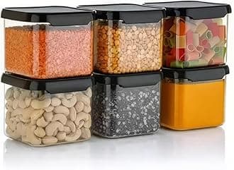 - VOLTURI Air Tight Kitchen Containers Set of 6, Kitchen Storage Box for Pulses, Cereals, Grains, Dry Fruits, Pantry Organization, Kitchen Accessories Items for Home, Food Grade (500 ML, Transparent)