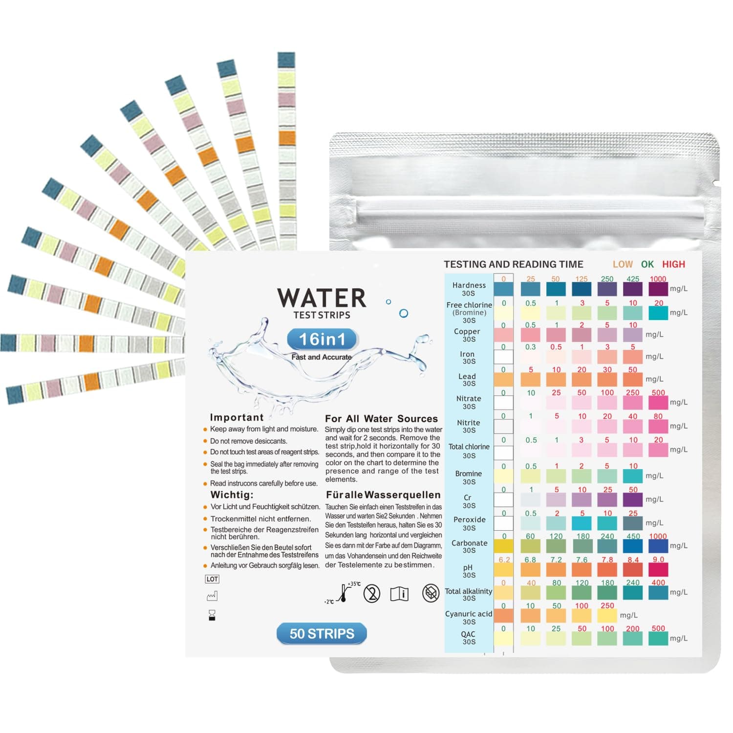 Water Testing Kits for Drinking Water 50pcs 16 in1 Drinking Water Test Strips Kit PH Nitrate Iron Nitrite Copper Mercury and More Ferrous Hardness Lead More Home Water Test Kit