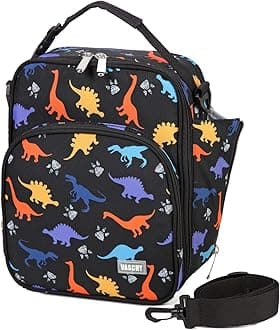 VASCHY Lunch Boxes Bag for Kids, Insulated Lunchbox Reusable Containers for Boys with Detachable Shoulder Strap for School Black Dinosaur