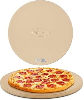 Unicook 14 Inch Round Pizza Stone, Heavy Duty Cordierite Baking Stone for Oven and Grill, Thermal Shock Resistant, Ideal for Baking Crispy Crust Pizzas, Bread, Pies and More, Includes Dough Scraper