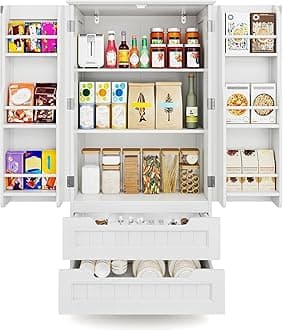 Gizoon 63" Kitchen Pantry Storage Cabinet with Drawers Freestanding Bathroom Storage Cabinets with Doors and Shelves, Small Food Pantry Cabinet for Dining Room Craft Room, White