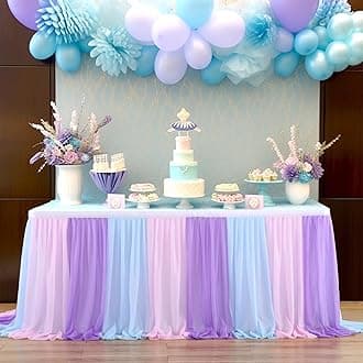 Mermaid Tulle Table Skirt Blue Pink Purple Striped Table Skirts for Rectangle Tables Frozen Baby Shower Mermaid Birthday Parties Decoration 6ft