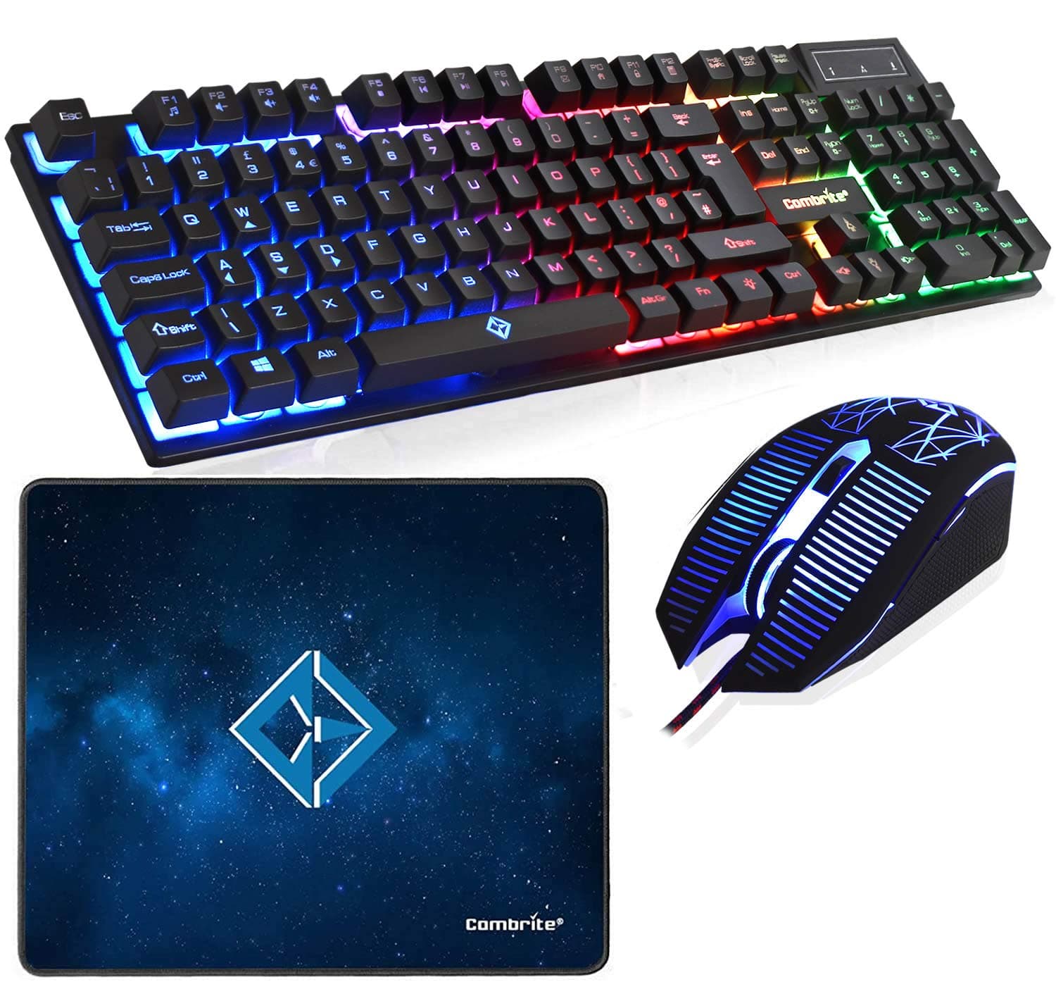 Raptor Gaming Keyboard And Mouse Set With Large Mouse Pad, Rainbow LED, USB Wired Desktop Combo, UK Layout, For Desktop PC, Laptop, PS4, PS5, Xbox One, Black (Black)