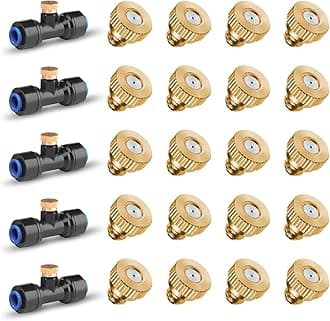 - HOMENOTE 20 Pack Brass Misting Nozzles and 5 Pack Tee Misters for Outdoor Cooling System, Nozzles Replacements for 1/4 inch tubing, Patio Cooling, Garden Watering, Fan Mist System