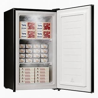 BANGSON 3.0 Cu.ft Compact Upright Freezer, Energy-Saving Mini Freezer with Ultra Low Power 40W & Adjustable Thermostat, Removable Shelves, Reversible Door, Ideal for Dorm/Office/Apartment, Black