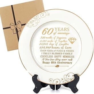 Urllinz 60th Anniversaty Plate with 24k Gold Foil-60th Anniversary Wedding Gifts for Parents Couple,60th Anniversary Decorations,60 Year Diamond Gifts for Grandparents,Ceramic,with Stand 9"