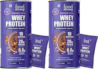 Foodstrong Whey Protein Powder (Concentrate + Isolate), 100% Hormone Free Grass-Fed Whey, 26G Protein & 6.6G BCAA, Chocolate Almond, With Turmeric & Digestive Enzymes, 16 Sachets, 543G (Pack Of 2)