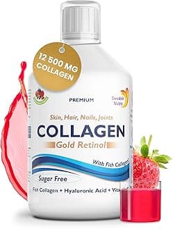 12,500 mg Hydrolyzed Marine Collagen & Gold Retinol Liquid Supplement - 500 ml Pack, 20 Day Supply | Pure Peptide & Hyaluronic Acid for Healthy Hair, Skin, Nails & Joints I Sugar-Free