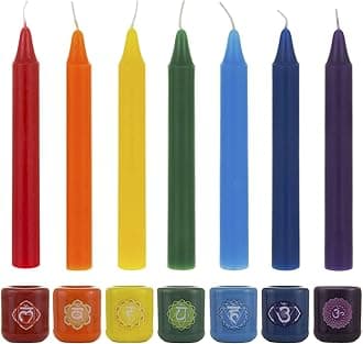 Mega Candles 7 pcs Assorted Colors Ceramic Chakra Chime Ritual Spiritual Energy Spell Candle Holders with Matching Color Candles, Great for Meditating, Rituals, Spells, Vigil, Supplies & More