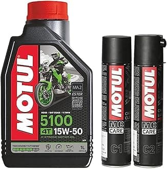 Motul Combo of C2 Chain Lube (400 ml) and C1 Chain Clean for All Bikes (400 ml) (LBCH014) & Motul 104080 5100 4T Hybrid 15W-50 API SM Technosynthese Semi Synthetic Engine Oil for Bikes (1 L)