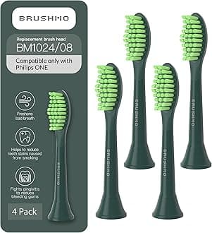 Brushmo Replacement Toothbrush Heads, Compatible with Philips One for Sonicare Electric Toothbrush Handles HY1022, 4 Standard Heads with Tongue Cleaner, Soft Dupont Bristles, BM124m, Sage Green