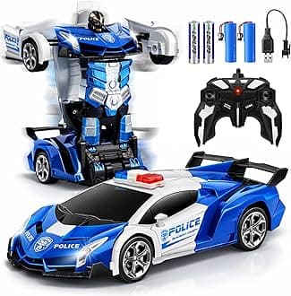 - Police Transformer Car, 2.4GHz Remote Control Police Car, One-Key Auto Transform, Dual Rechargeable Batteries, 360° Rotation, LED Lights Toy Gift for Boys Girls Ages 3+