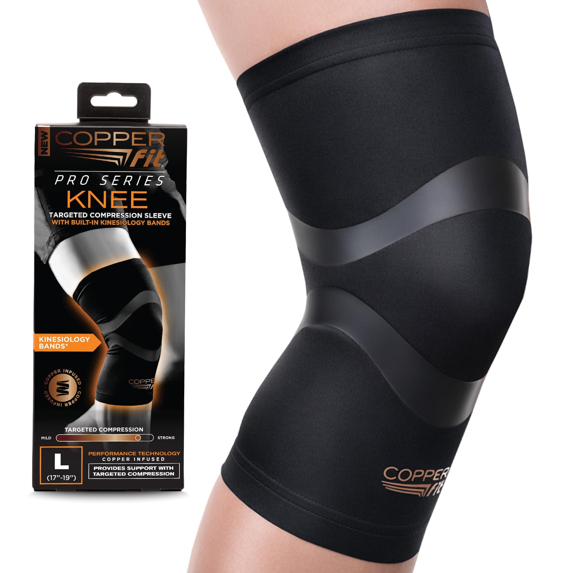 Copper Fit Pro Series Performance Compression Knee Sleeve, Black with Copper Trim, Large