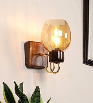 Fully Handmade Sheesham Wood Wall Light/Wall Lamp | Luster Glass | E27 Bulb Holder(Bulb not Included) | Gold Plated Accents | for Bedroom, Living Room, Study Room, Dining Room, Hallway