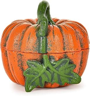 Sungmor Cast Iron Pumpkin-Shaped Trinket Box - Rustic Decorative Container with Lid, Vintage Fall Home Décor Accent - Hand-Painted Small Storage Jar for Halloween, Thanksgiving - Ornage Finish