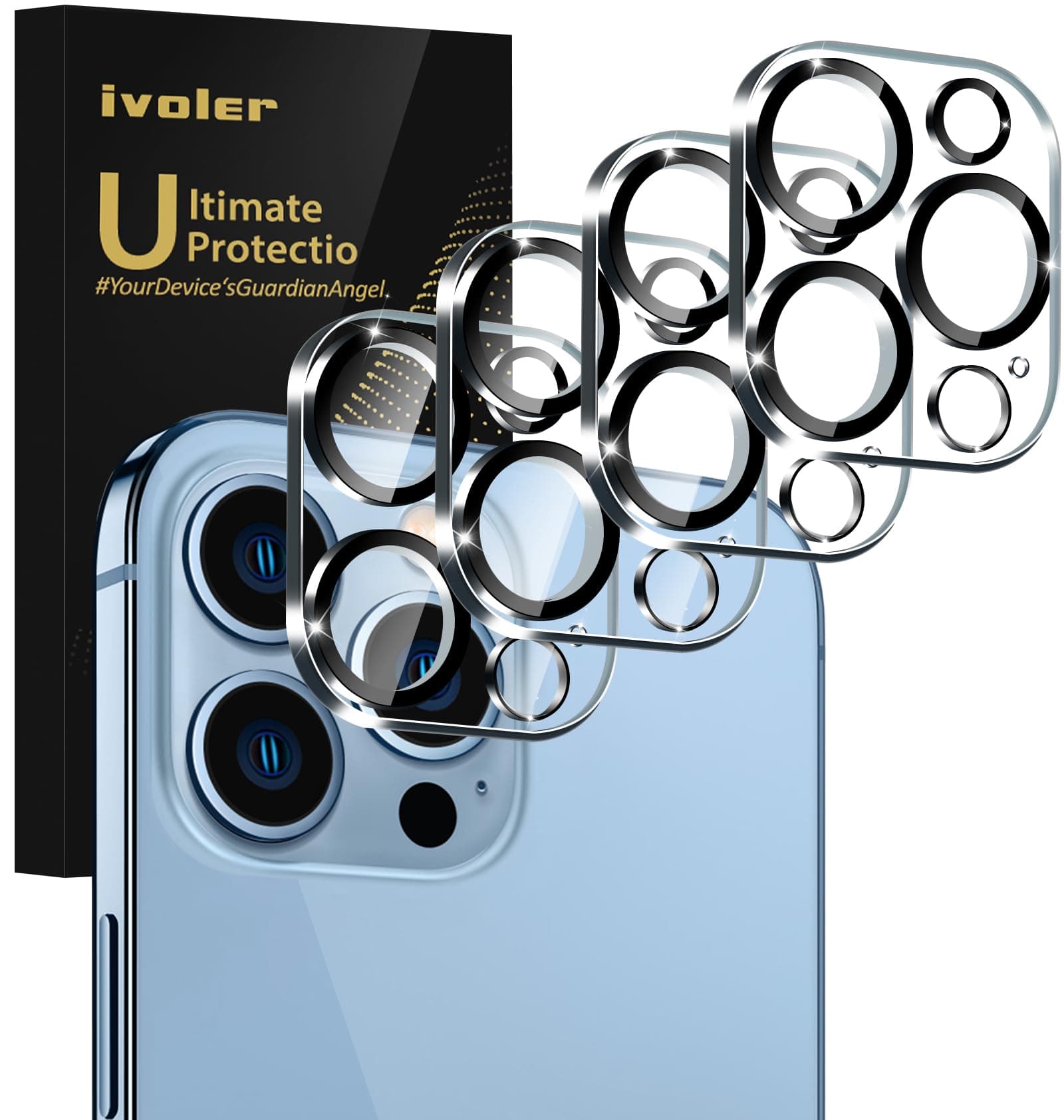 [4 Pack]iVoler Camera Lens Protector Designed for iPhone 13 Pro Max 6.7”/13 Pro 6.1” Screen Protector Tempered Glass[Case Friendly][New version],Scratch-Resistant,Easy Installation,Clear+Black Circle