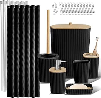 Clara Clark Bathroom Accessories Set - Bathroom Set, Bathroom Accessory Set, Shower Curtain Set, Toilet Brush, Trash Can & Soap Dispenser - Black - 20PC