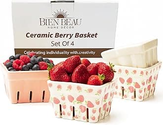 BIEN BEAU Farmhouse Ceramic Berry Basket, Colander, Strawberry Decor, Fruit Bowls/Baskets, Kawaii Kitchen bowl, Pink White and Cute Strawberry pattern Stoneware Harvest Square Bowls Set of 4