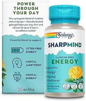 SOLARAY SharpMind Energy, Energy Booster for Women and Men, Nootropic Focus Supplement, Caffeine Free Energy Pills with Rhodiola Rosea and Cordyceps, 60 Day Guarantee, 30 Servings, 30 VegCap Pills