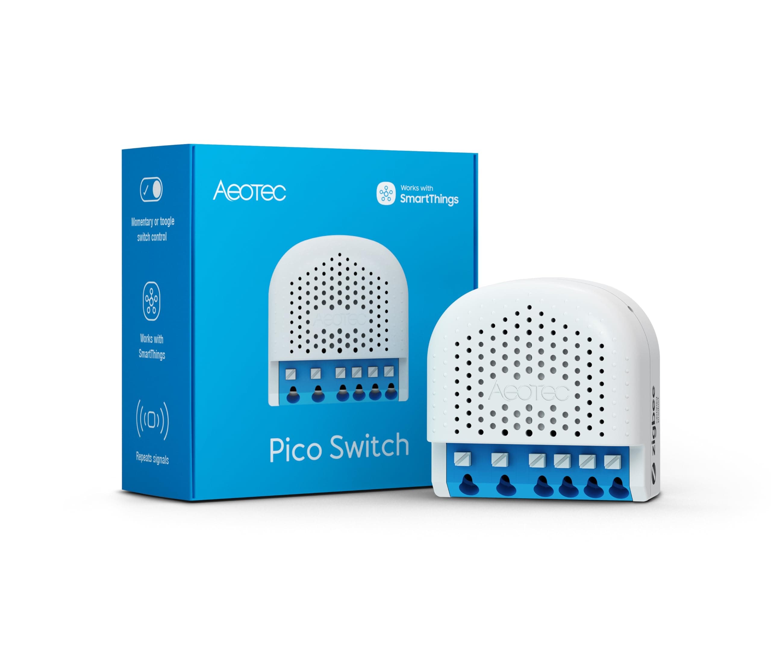 Aeotec Pico Switch - Zigbee | 15A Smart Relay Switch with Power Metering | SmartThings | HomeAssistant | Repeater Function | Scene Control | No Cloud Necessary | Light Control