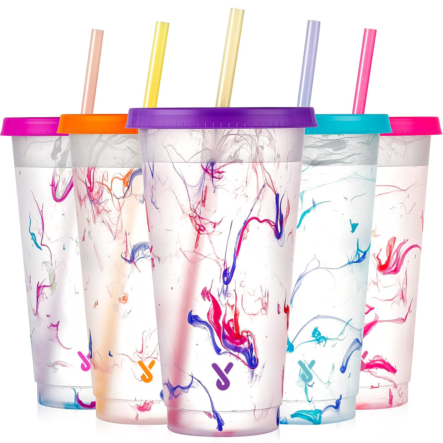 Color Changing Cold Cups with Lids and Straws - 5 Pack 24 oz Plastic Cute Tumblers Bulk, Reusable for Kids Women Party, Iced Coffee(Swirl)