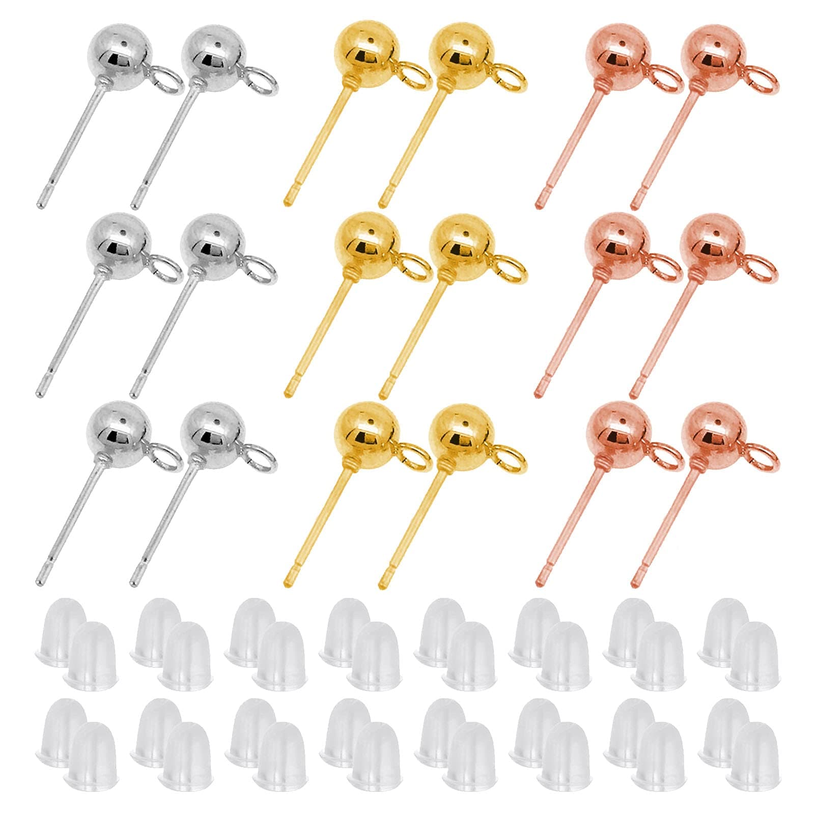 Oubaka 600Pcs Ball Post Earring Studs Set for Jewelry Making,300Pcs Earring Studs Ball Ear Pin Ball Post Earrings with Loop with 300Pcs Rubber Earring Back Replacements for DIY Jewelry Making Findings