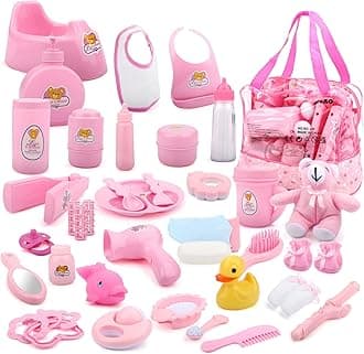 deAO 40 Piece Baby Doll Accessories Bag with Baby Feeding Accessories, Clothes, Doll Bear, Bath Toys, Soother Dummy and Much More - Great Nurturing Pretend Toy for Kids