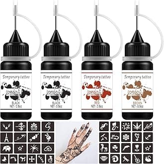 Temporary Tattoo Kit Jagua Gel Semi Permanent Tattoo Freehand Ink DIY Temp Tattoos for Women Kids Men Body Art Painting DIY Tattoos Fake Freckles 35 Pcs Tattoo Stencils - Full Kit 4 Bottles