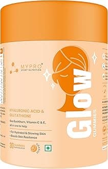 Mypro Sport NutritionGlow Skin Gummeis | with Glutathione&hyaluronic Acid,sea Buckthorn,vitamin C & E | to Support Healthier&youthful Skin Health | Natural Orange Flavoured for Men&women-30 Gummies