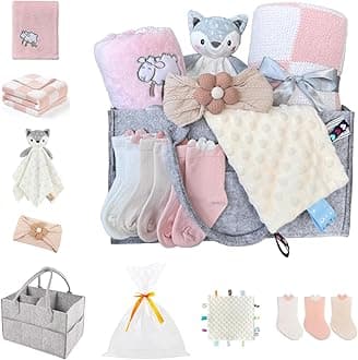 CREVENT Gift Set for Girls -Diaper Caddy Organizer Basket with 2 Blankets, 1 Taggie, 1 Lovey, 3 Socks，1 Headband，1 Gift Bag with Ribbon - Newborn Essential Baby Shower (Pink)