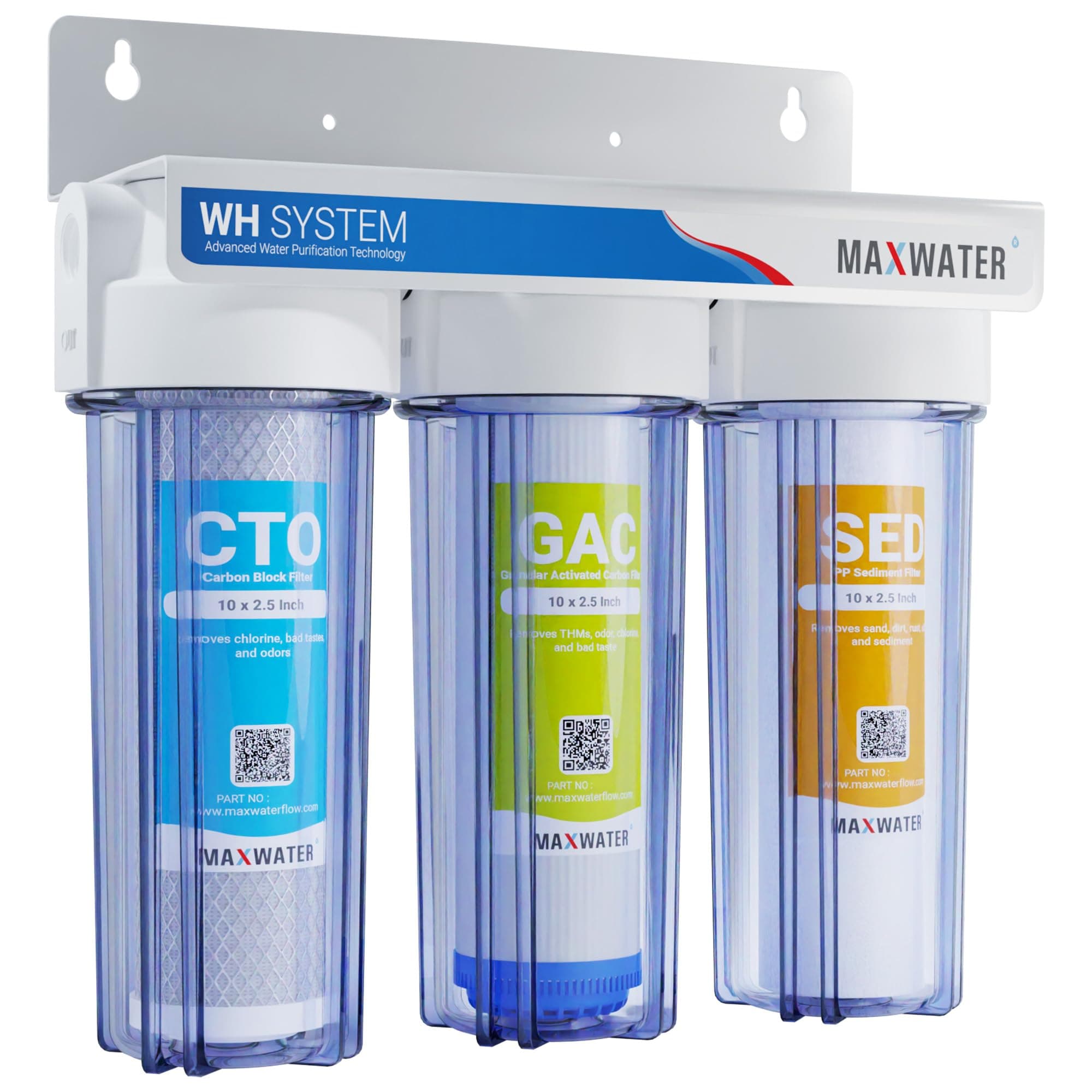 Max WaterWhole House Filter System 2.5" x 10" Three Stage Filtration 3/4" Inlet
