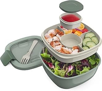 Bentgo® Salad - Stackable Lunch Container with Large 54-oz Salad Bowl, 4-Compartment Bento-Style Tray for Toppings, 3-oz Sauce Container for Dressings, Built-In Reusable Fork & BPA-Free (Khaki Green)