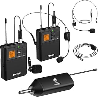 TONOR UHF Wireless Microphone System with Dual Headset Microphones/Lavalier Lapel Mics, Bodypack Transmitters, Mini Rechargeable Receiver, 2x15 Channels 200ft Range, for Recording Speech PA Speaker