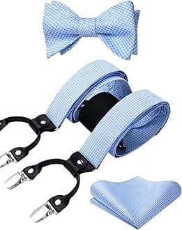 Bow tie and Suspenders for Men Plaid Suspender Self Bowtie Pocket Square Adjustable Y Shape Mens Trouser Braces